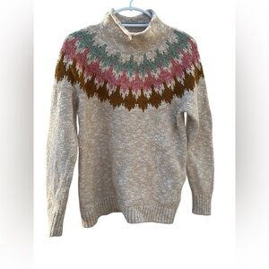 L.L. Bean Beige Nordic Yoke Sweater with Pink, Green & Brown Accents